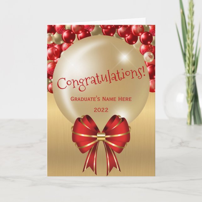 Trendy Red Gold Balloon Bow Abschluss Karte (Vorderseite)