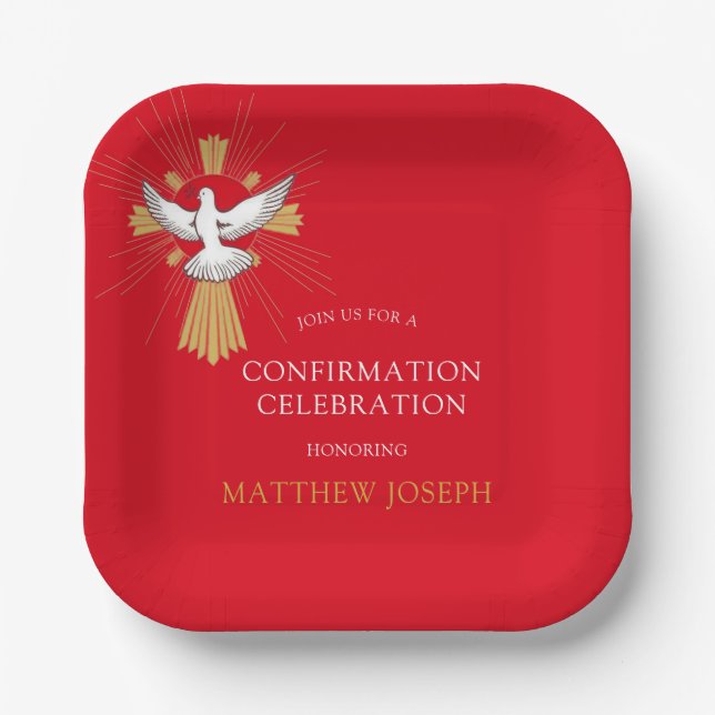 Trendy Red Gold Cross White Dove Bestätigung Pappteller (Vorderseite)