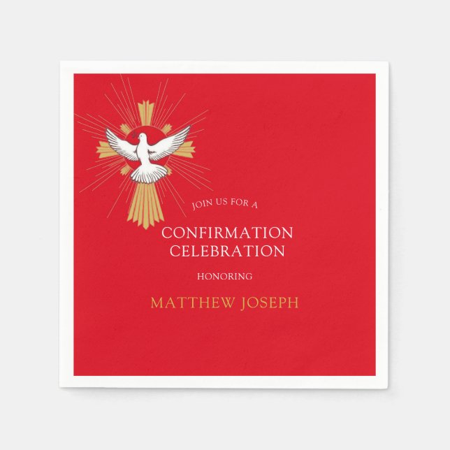 Trendy Red Gold Cross White Dove Bestätigung Serviette (Vorderseite)