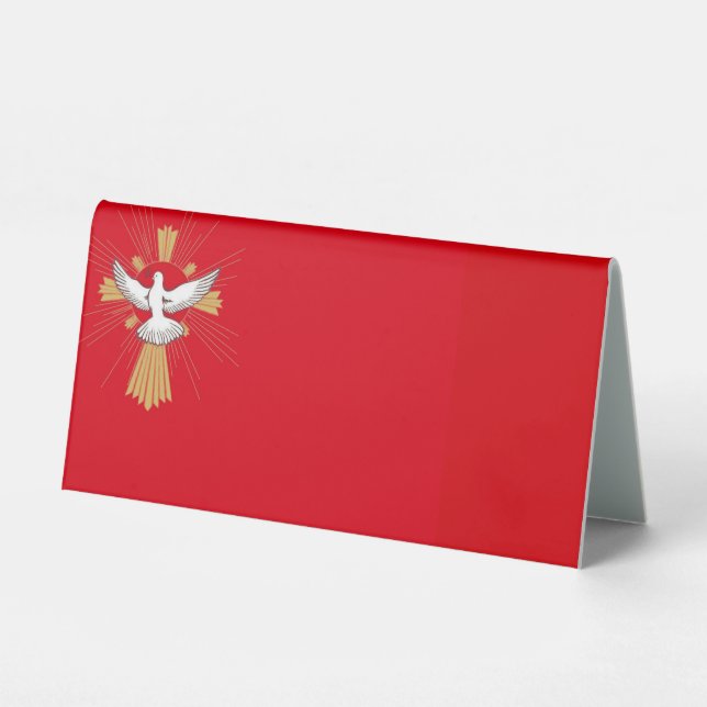 Trendy Red Gold Cross White Dove Bestätigung Tischaufsteller (Vorderseite)