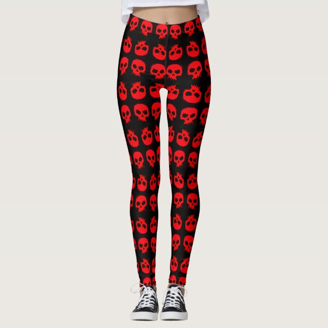 Trendy Red Grunge Skulls auf schwarzen Leggings (Vorderseite)