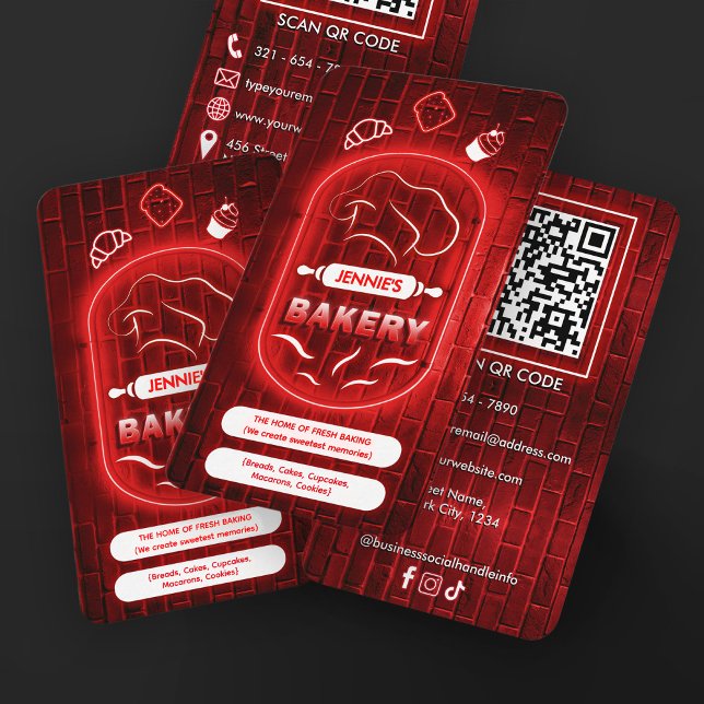 Trendy Red Neon Pink Bakery Custom Logo QR Code   Visitenkarte (Von Creator hochgeladen)