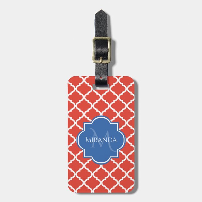 Trendy Red Quatrefolie Blue Monogram und Name Gepäckanhänger (Vorderseite vertikal)