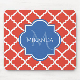Trendy Red Quatrefolie Blue Monogram und Name Mousepad
