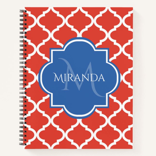 Trendy Red Quatrefolie Blue Monogram und Name Notizbuch (Vorderseite)