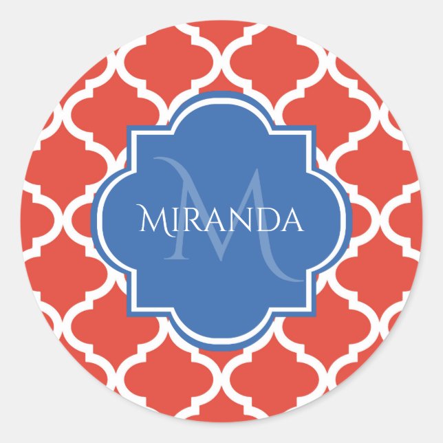 Trendy Red Quatrefolie Blue Monogram und Name Runder Aufkleber (Vorderseite)