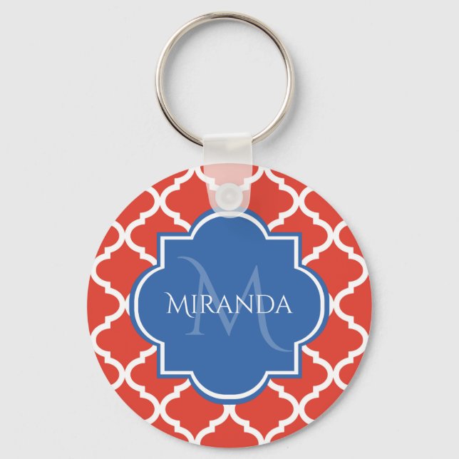 Trendy Red Quatrefolie Blue Monogram und Name Schlüsselanhänger (Vorderseite)