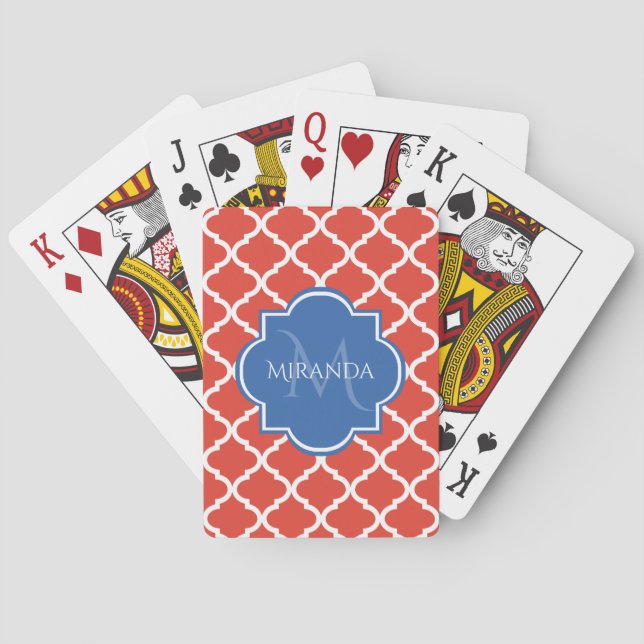 Trendy Red Quatrefolie Blue Monogram und Name Spielkarten (Rückseite)