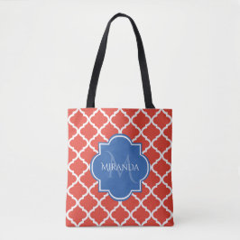 Trendy Red Quatrefolie Blue Monogram und Name Tasche