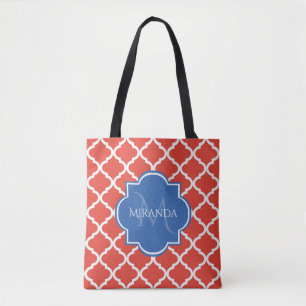Trendy Red Quatrefolie Blue Monogram und Name Tasche