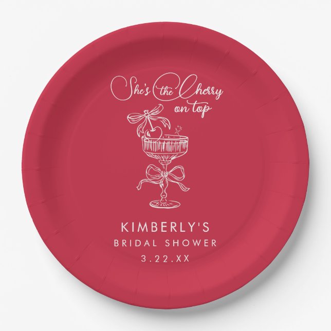 Trendy Red She's The Cherry On Top Bridal Shower Pappteller (Vorderseite)