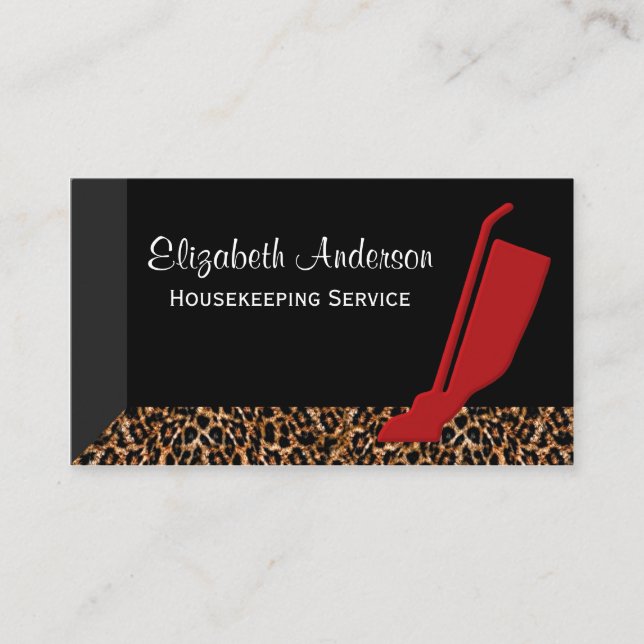 Trendy Red Vacuum Leopard Housekeeping Service Visitenkarte (Vorderseite)
