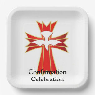 Trendy Red Yellow Fire and Dove Cross Bestätigung Pappteller