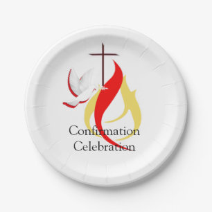 Trendy Red Yellow Fire and Dove Cross Bestätigung Pappteller