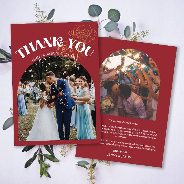 Trendy Retro Arch Red Wedding Foto Danke Karte (Trendy Retro Arch Red Wedding Photo Thank You Card)