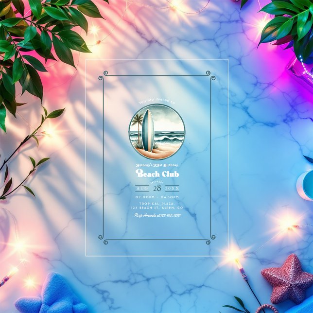 Trendy Retro Beach Club Acryleinladungen (Trendy Retro Beach Club Birthday Party Acrylic Invitations)