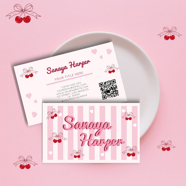 Trendy Retro Boho Cherry Coquette Business Card Visitenkarte (Von Creator hochgeladen)