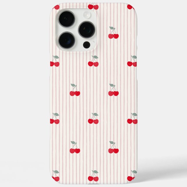 Trendy Retro Coquette Red Cherries Pinstripe iPhone 16 Pro Max Hülle (Rückseite)