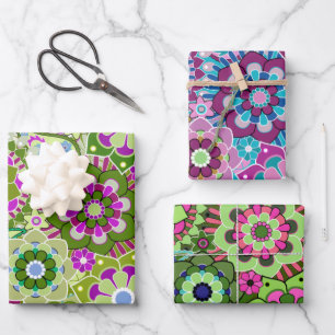 Trendy Retro Floral Pattern - farbenfroh Geschenkpapier Set