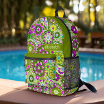 Trendy Retro Floral Pattern mit Namensblock Bedruckter Rucksack<br><div class="desc">Ein gewagtes, blumengeschmücktes Design mit farbenfrohen Farbtönen lila und grün, mit einem lustigen Farbblock, um Ihren Namen oder Text hinzuzufügen. Die verrückte Blume hat eine Vielzahl von Farben. Sie können einen Namen, ein Monogramm oder einen anderen benutzerdefinierten Text hinzufügen. Wenn Sie die Kunst verschieben möchten, klicken Sie auf die Schaltfläche...</div>
