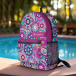 Trendy Retro Floral Pattern mit Namensblock Bedruckter Rucksack<br><div class="desc">Ein gewagtes, blumengeschmücktes Design mit farbenfrohen Farbtönen lila und blau, mit einem lustigen Farbblock, um Ihren Namen oder Text hinzuzufügen. Die verrückte Blume hat eine Vielzahl von Farben. Sie können einen Namen, ein Monogramm oder einen anderen benutzerdefinierten Text hinzufügen. Wenn Sie die Kunst verschieben möchten, klicken Sie auf die Schaltfläche...</div>