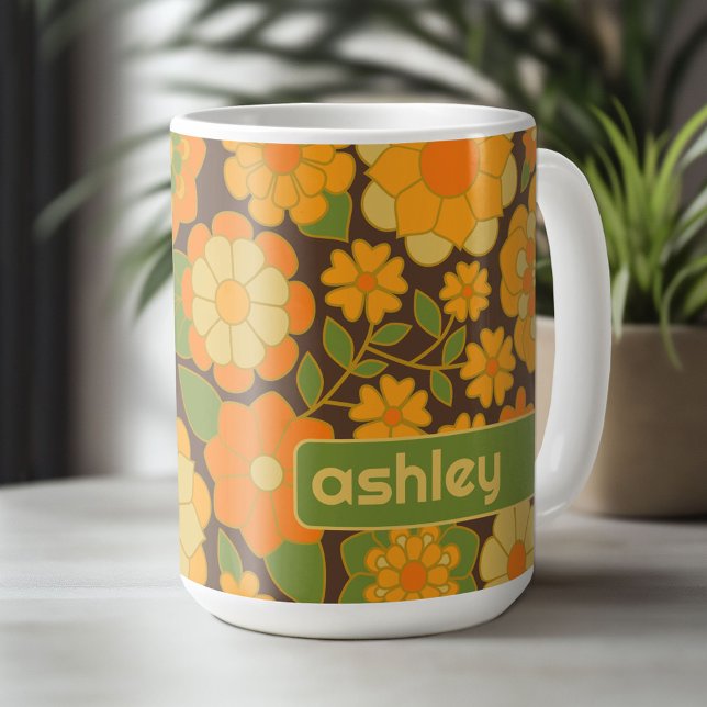Trendy Retro Floral Pattern mit Namensblock Kaffeetasse (Custom Mug - Personalize with Your Name or Initials)