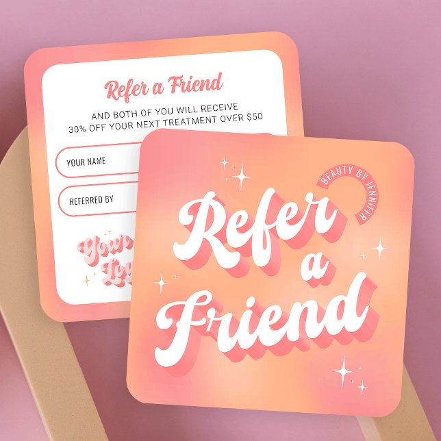 Trendy Retro Peach Pink Makeup Beauty Salon Logo Empfehlungskarte (Embrace the groove with this retro Refer a Friend business card design)