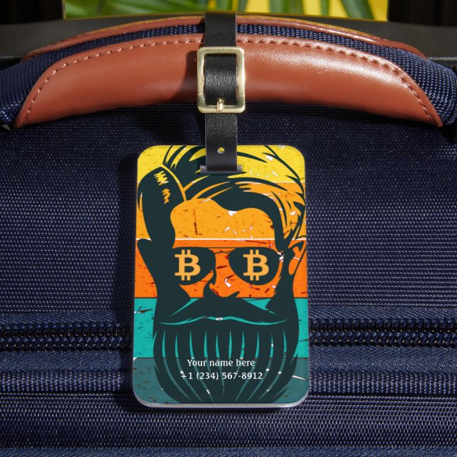 Trendy Retro Personalisierte Bitcoin Eyes Bartded  Gepäckanhänger (Vorderseite Insitu 2)