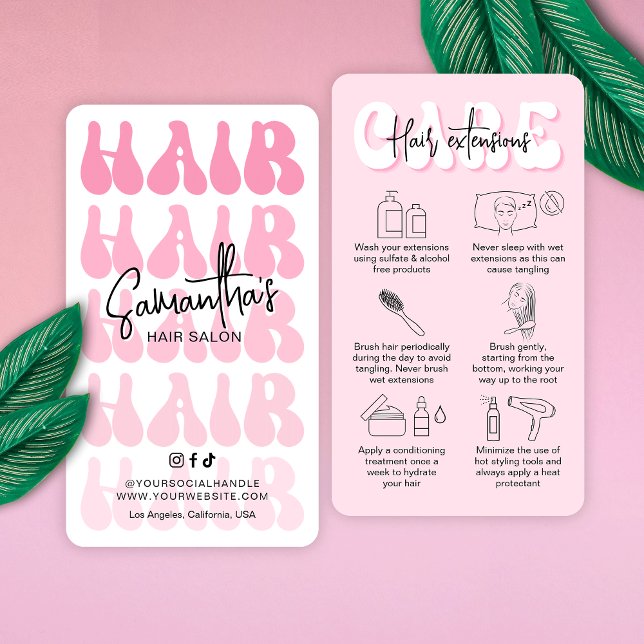 Trendy Retro Pink Girly Hair Extensions Aftercare Visitenkarte (Trendy pink hair extensions care cards with fully editable colors and hair care icons)