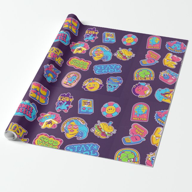Trendy Retroaufkleber und Abzeichen-Säure-Sammelsy Geschenkpapier (Ungerollt)