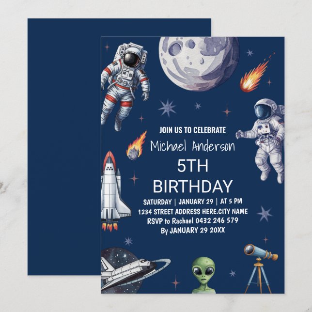 Trendy Rocket Ship Planet Galaxy Geburtstag Einladung (Vorne/Hinten)