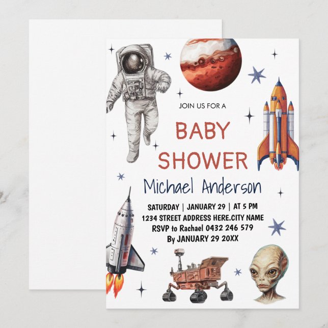 Trendy Rocket Ship Space Galaxy Alien Baby Shower Einladung (Vorne/Hinten)