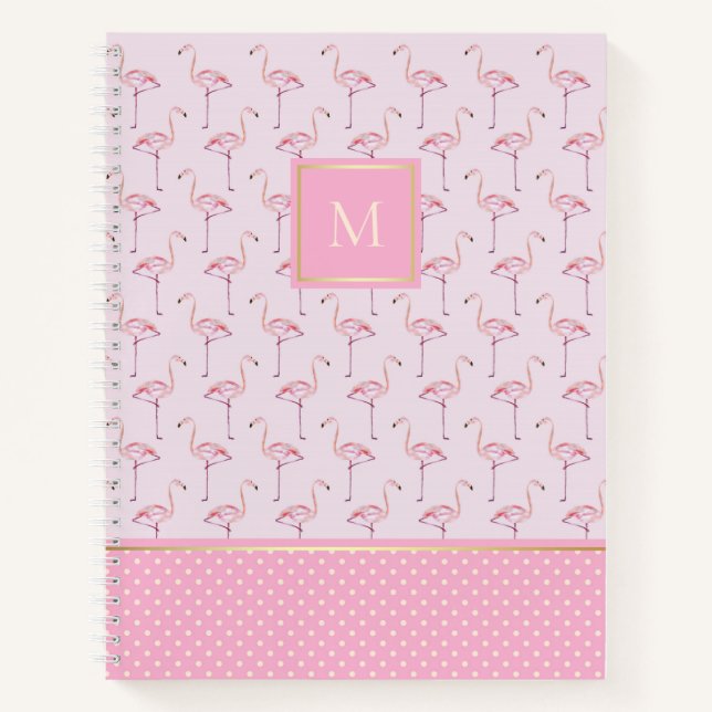Trendy rosa Flamingos und Punkte mit Monogramm Notizbuch (Vorderseite)
