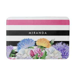 Trendy rosa und schwarz gestreifte Blume mit Namen Badematte