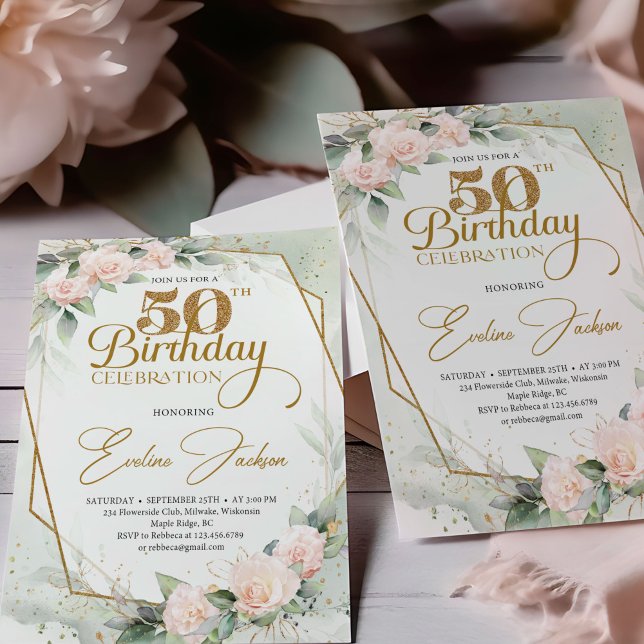 Trendy Rose Eukalyptus Grüngoldrahmen Einladung (Gold numbers blush roses and eucalyptus 50th birthday invitation digital )