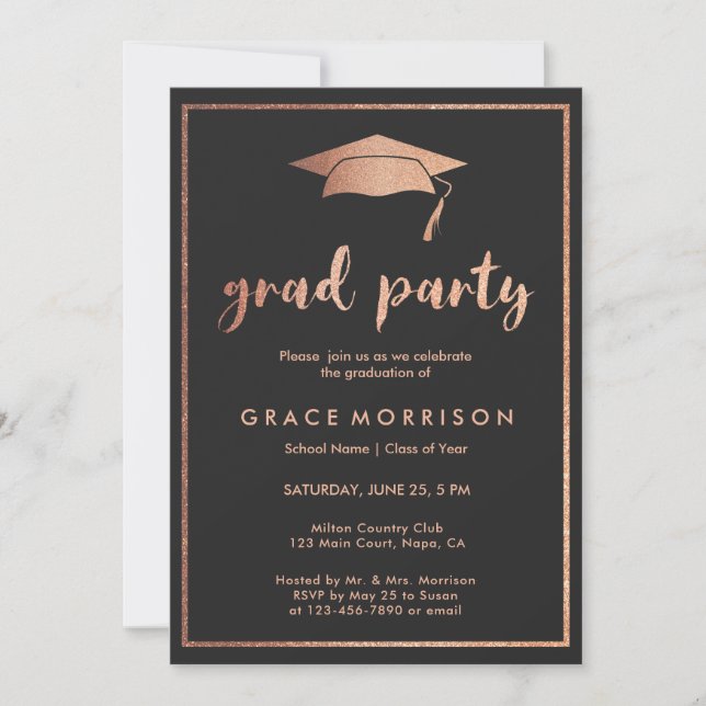 Trendy Rose Gold Black Graduation Party Einladung (Vorderseite)