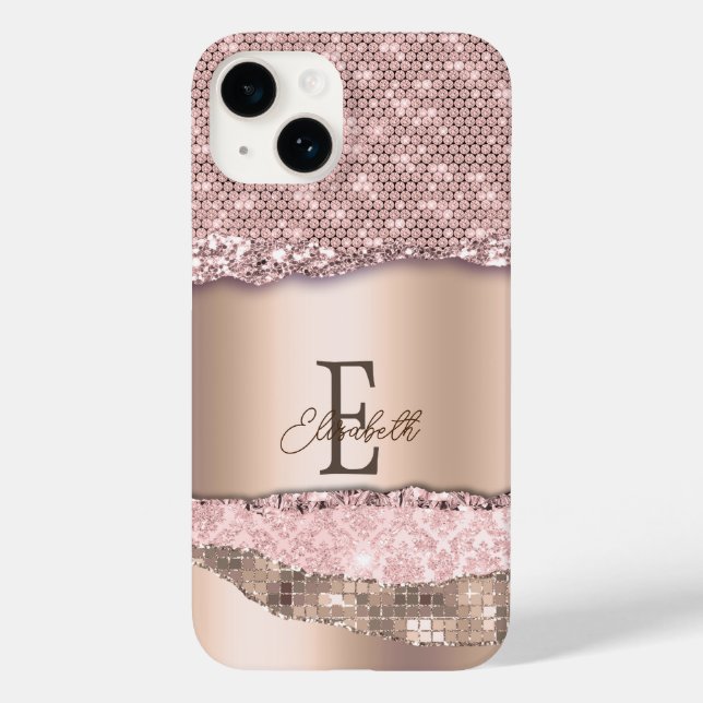 Trendy Rose Gold Diamonds Glitzer Monogram Case-Mate iPhone 14 Hülle (Rückseite)