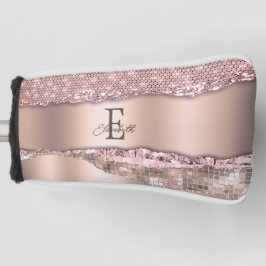 Trendy Rose Gold Diamonds Glitzer Monogram Golf Headcover