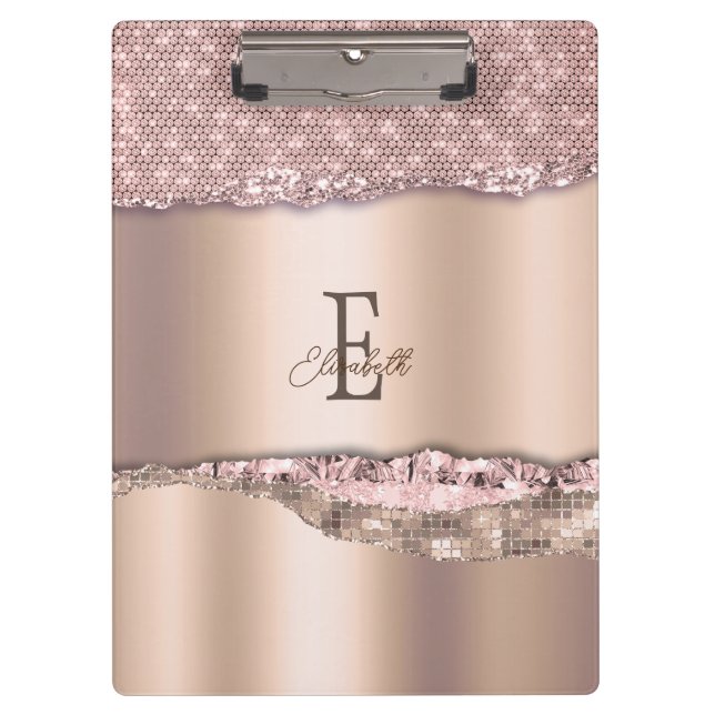 Trendy Rose Gold Diamonds Glitzer Monogram Klemmbrett (Vorderseite)