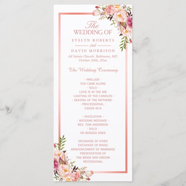 Trendy Rose Gold Frame Floral Wedding Programme (Devant)