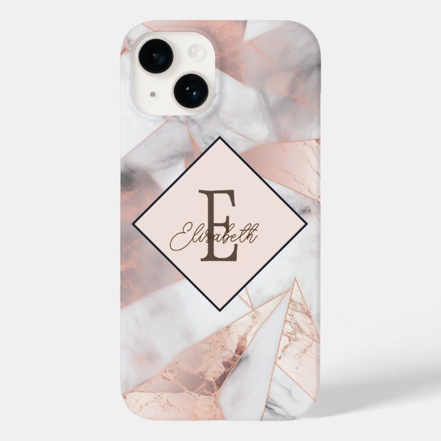 Trendy Rose Gold Geometric Marble Case-Mate iPhone 14 Hülle (Rückseite)