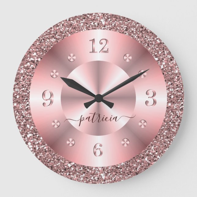 Trendy Rose Gold Glitter Sparkle Personalized Name Große Wanduhr (Vorderseite)