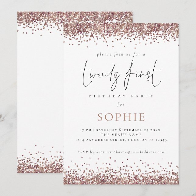 Trendy Rose Gold Glitzer 21. Party Einladung (Vorne/Hinten)