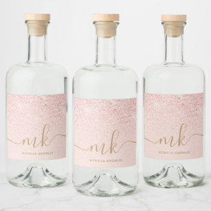 Trendy Rose Gold Glitzer Extravagante Initialen un Alkoholflaschenetikett