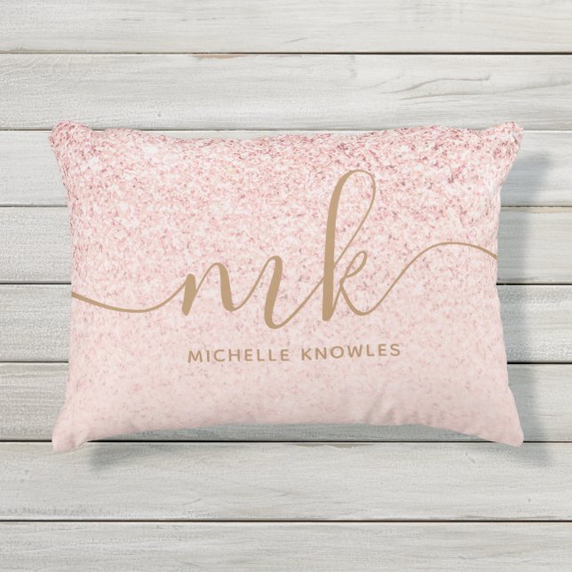 Trendy Rose Gold Glitzer Extravagante Initialen un Kissen Für Draußen (Vorderseite)