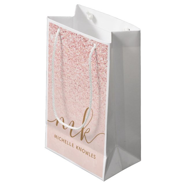 Trendy Rose Gold Glitzer Extravagante Initialen un Kleine Geschenktüte (Vorderseite Schrägansicht)