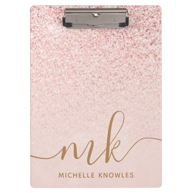 Trendy Rose Gold Glitzer Extravagante Initialen un Klemmbrett (Vorderseite)