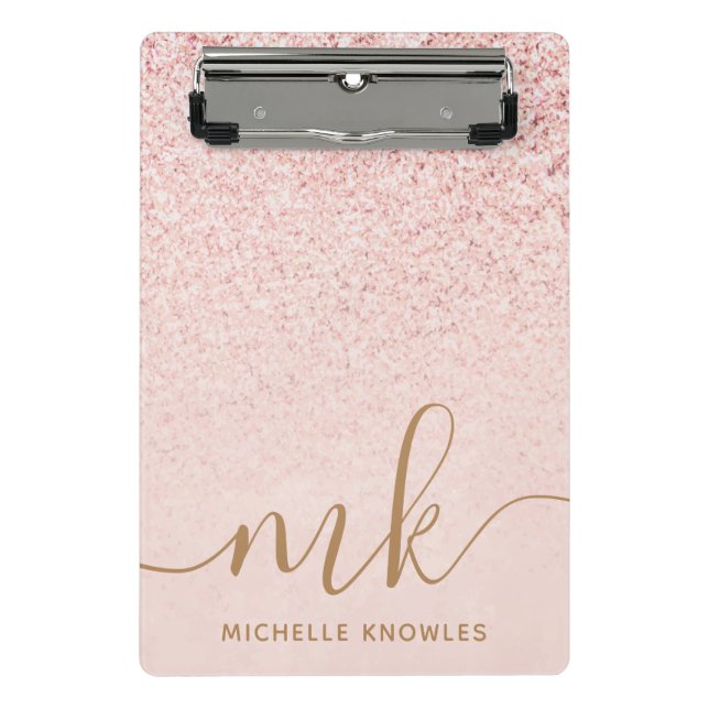 Trendy Rose Gold Glitzer Extravagante Initialen un Mini Klemmbrett (Vorderseite)
