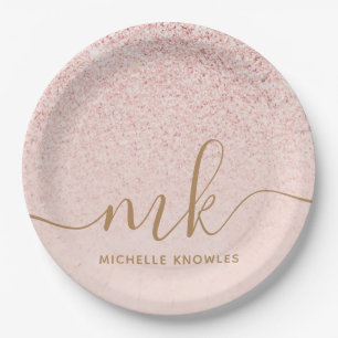 Trendy Rose Gold Glitzer Extravagante Initialen un Pappteller