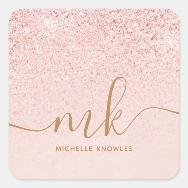 Trendy Rose Gold Glitzer Extravagante Initialen un Quadratischer Aufkleber (Vorderseite)